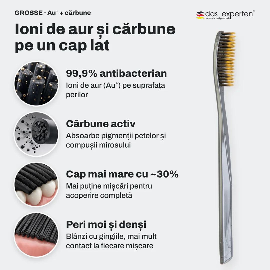 Ioni de aur și cărbune pe un cap lat, 99,9% antibacterian; Cărbune activ; Cap mai mare cu ~30%; Peri moi și denși
