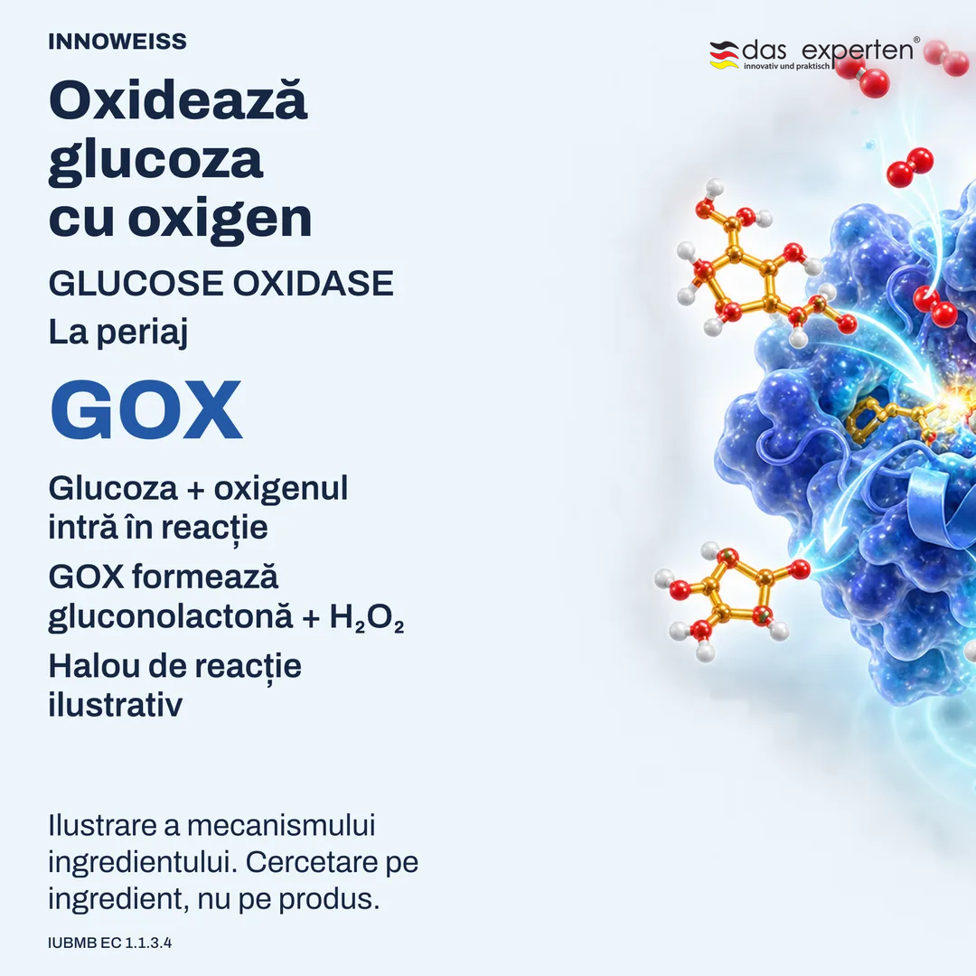Ilustrație: glucozoxidaza transformă glucoza și oxigenul în gluconolactonă și peroxid de hidrogen