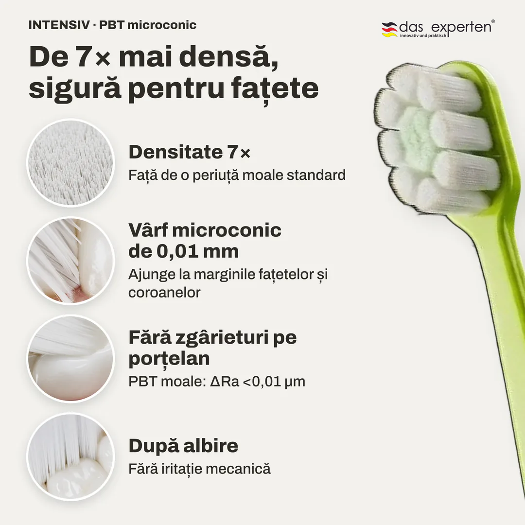 De 7× mai densă, sigură pentru fațete, Densitate 7×; Vârf microconic de 0,01 mm; Fără zgârieturi pe porțelan; După albire