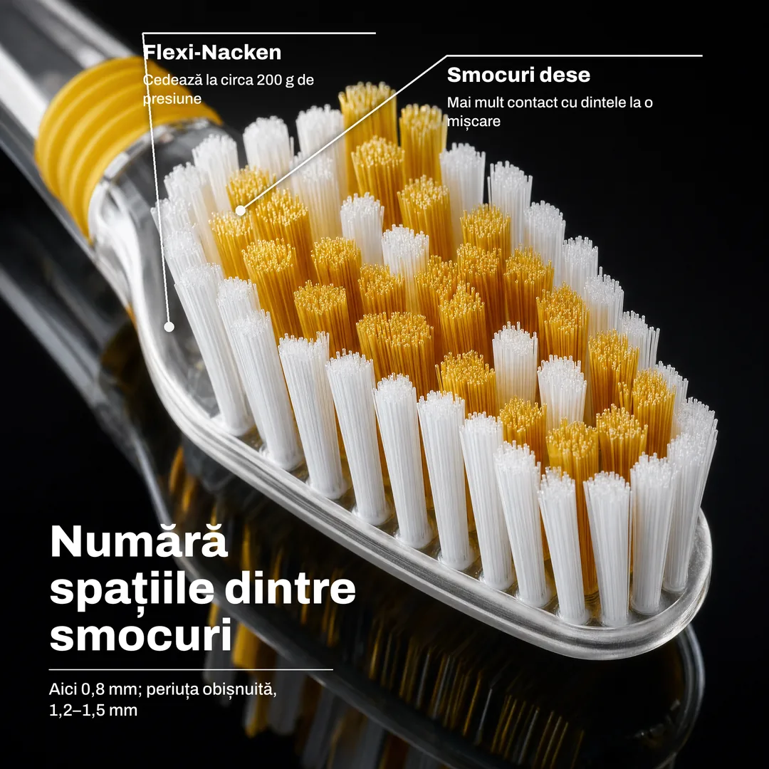 Numără spațiile dintre smocuri, Aici 0,8 mm; periuța obișnuită, 1,2 până la 1,5 mm · Smocuri dese: Mai mult contact cu dintele la o mișcare · Flexi Nacken: Cedează la circa 200 g de presiune
