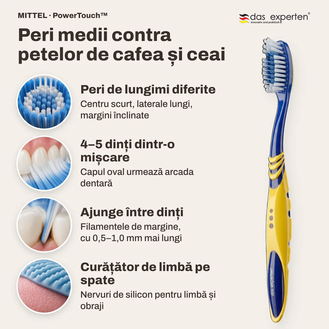 Peri medii contra petelor de cafea și ceai, Peri de lungimi diferite; 4 până la 5 dinți cu o mișcare; Ajunge între dinți; Curățător de limbă pe spate