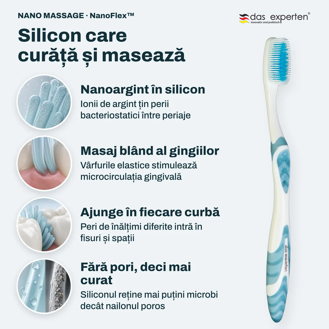 Silicon care curăță și masează, Nanoargint în silicon; Masaj blând al gingiilor; Ajunge în fiecare curbă; Fără pori, deci mai curat