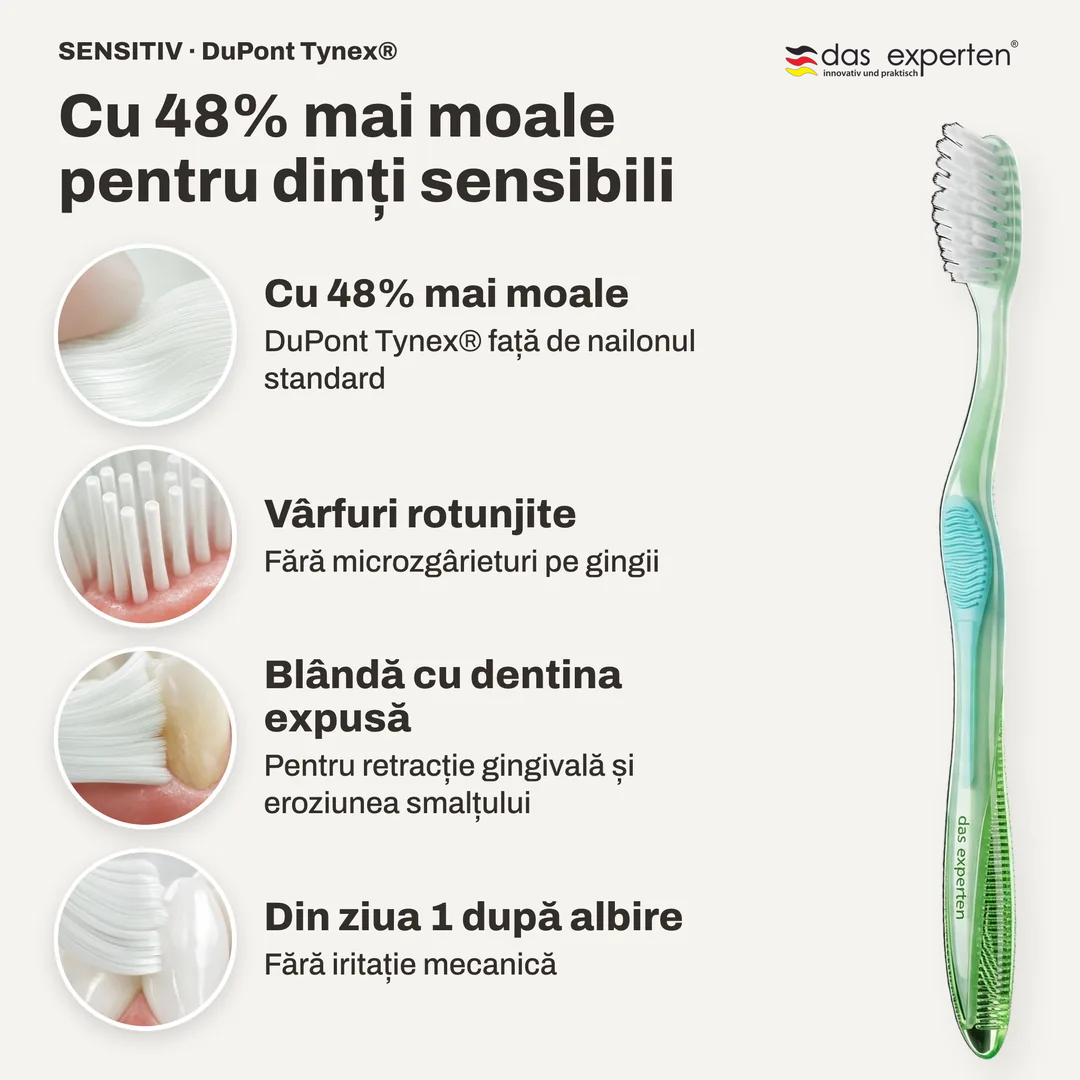 Cu 48% mai moale pentru dinți sensibili, Cu 48% mai moale; Vârfuri rotunjite; Blândă cu dentina expusă; Din ziua 1 după albire