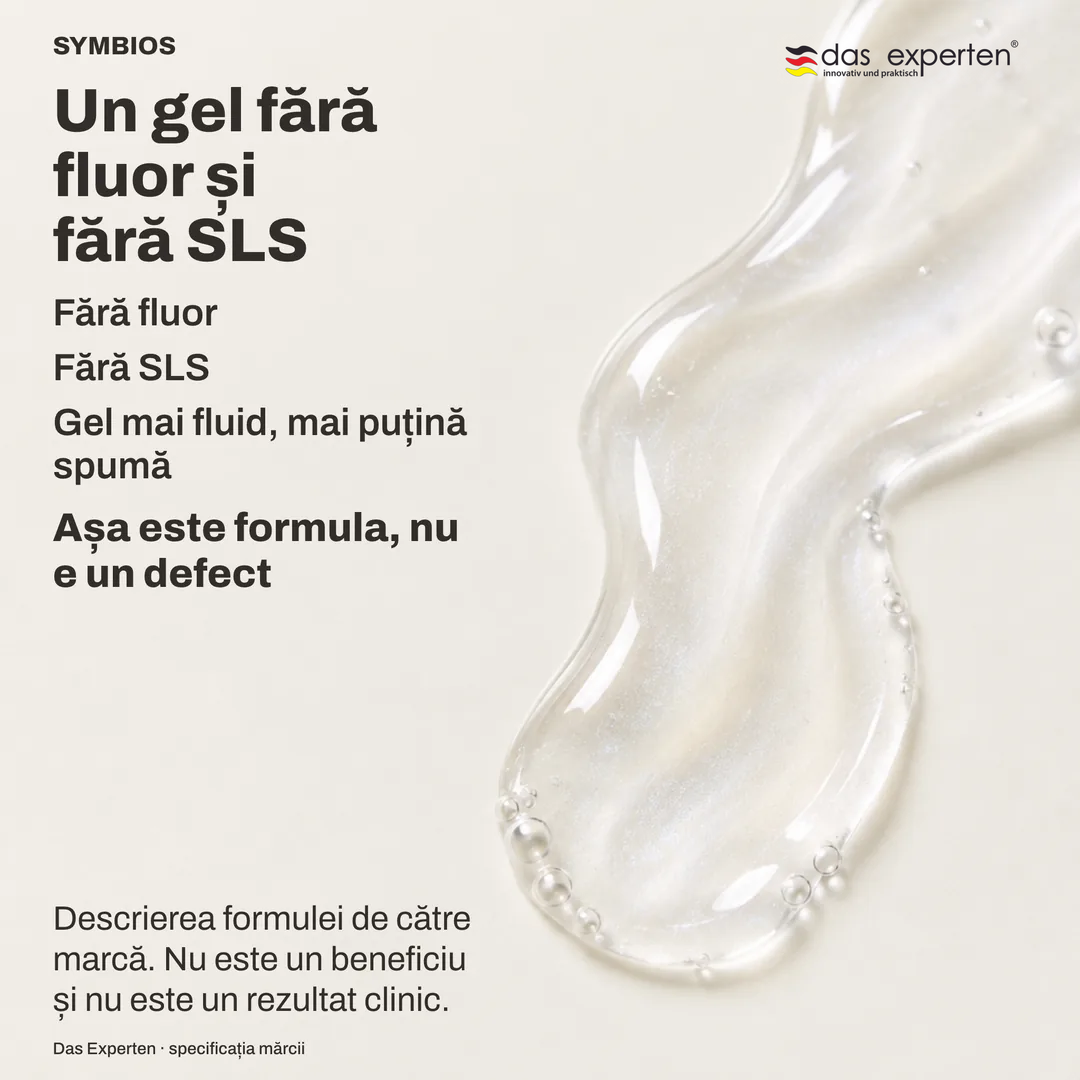 Ilustrație a unui gel translucid pe capul periuței, mai fluid decât o pastă și cu puțină spumă