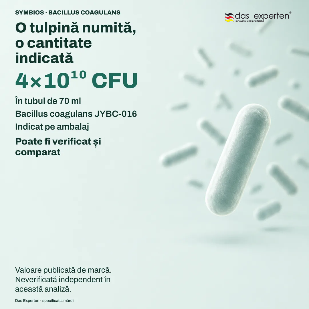 Plăcuță de specificație ilustrată cu 4×10¹⁰ CFU în tubul de 70 ml și tulpina Bacillus coagulans JYBC 016, potrivit mărcii