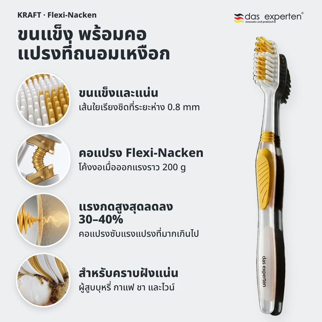 ขนแข็ง พร้อมคอแปรงที่ถนอมเหงือก, ขนแข็งและแน่น; คอแปรง Flexi Nacken; แรงกดสูงสุดลดลง 30 ถึง 40%; สำหรับคราบฝังแน่น