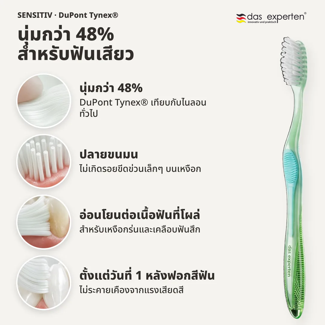 นุ่มกว่า 48% สำหรับฟันเสียว, นุ่มกว่า 48%; ปลายขนมน; อ่อนโยนต่อเนื้อฟันที่โผล่; ตั้งแต่วันที่ 1 หลังฟอกสีฟัน
