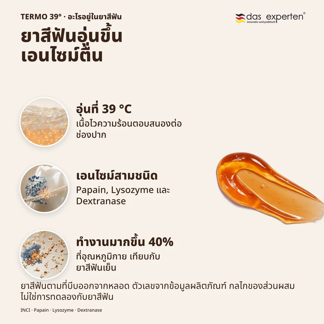 ยาสีฟันอุ่นขึ้น เอนไซม์ตื่น, อุ่นที่ 39 °C; เอนไซม์สามชนิด; ทำงานมากขึ้น 40%