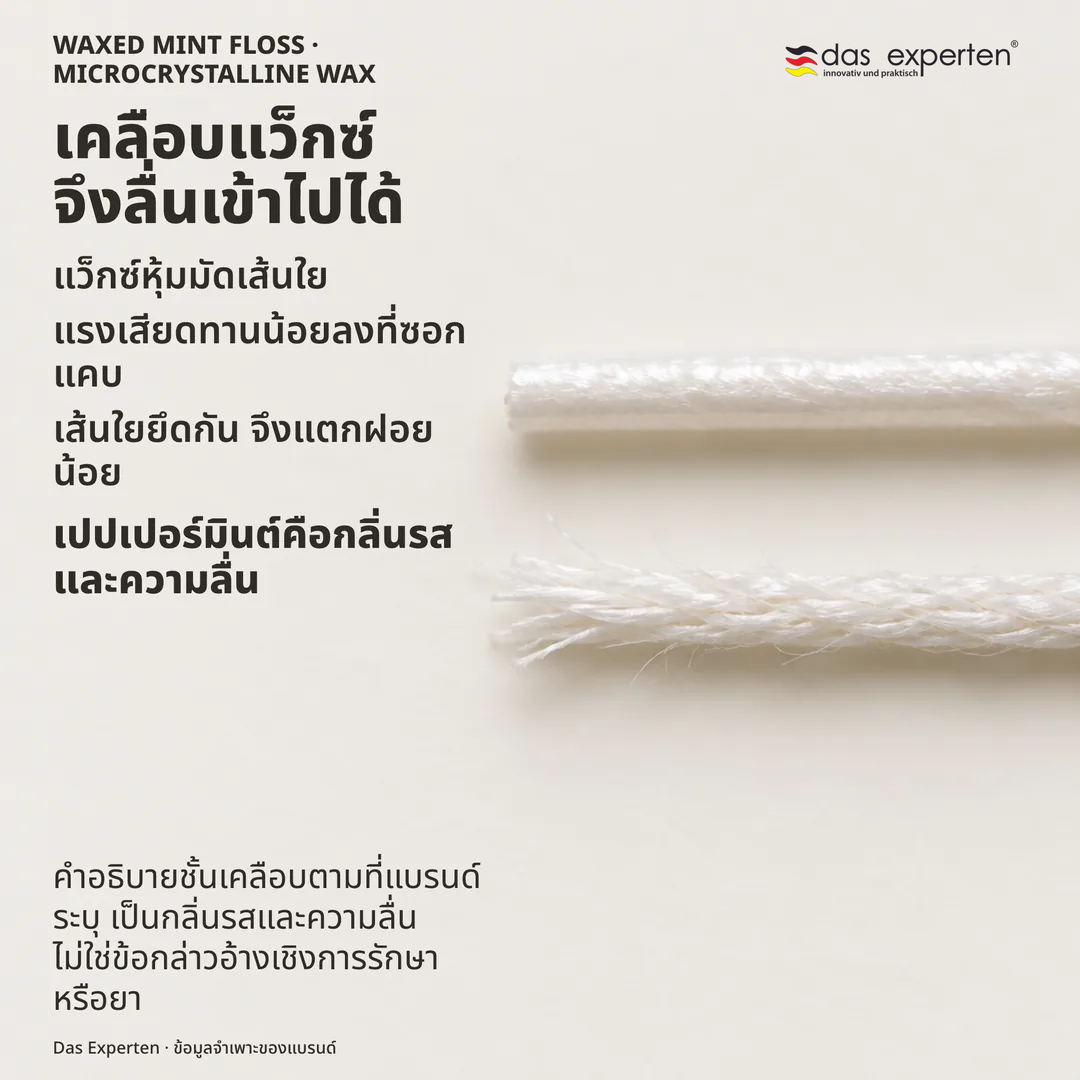 ภาพศึกษาวัสดุ ไหมขัดฟันเคลือบแว็กซ์กำลังขยาย ชั้นเคลือบต่อเนื่อง ข้างกันเป็นมัดไม่เคลือบที่แตกฝอย