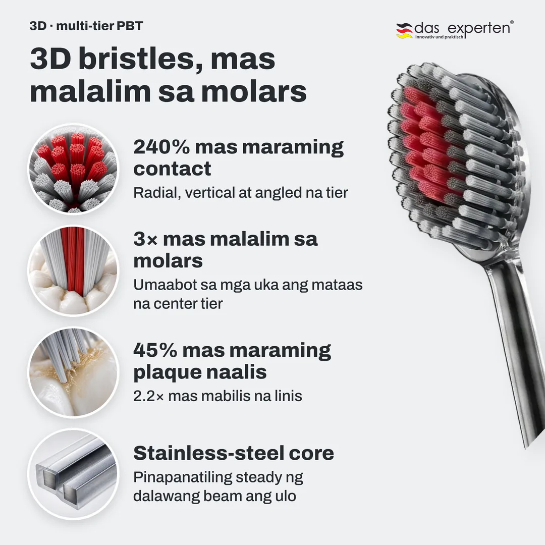 3D bristles, mas malalim sa molars, 240% mas maraming contact; 3× mas malalim sa molars; 45% mas maraming plaque naalis; Stainless steel core
