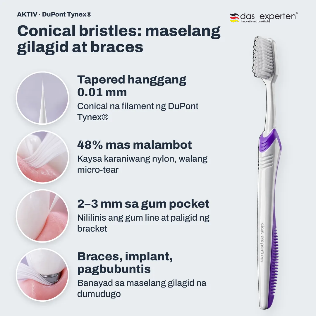 Conical bristles: maselang gilagid at braces, Tapered hanggang 0.01 mm; 48% mas malambot; 2 hanggang 3 mm sa gum pocket; Braces, implant, pagbubuntis
