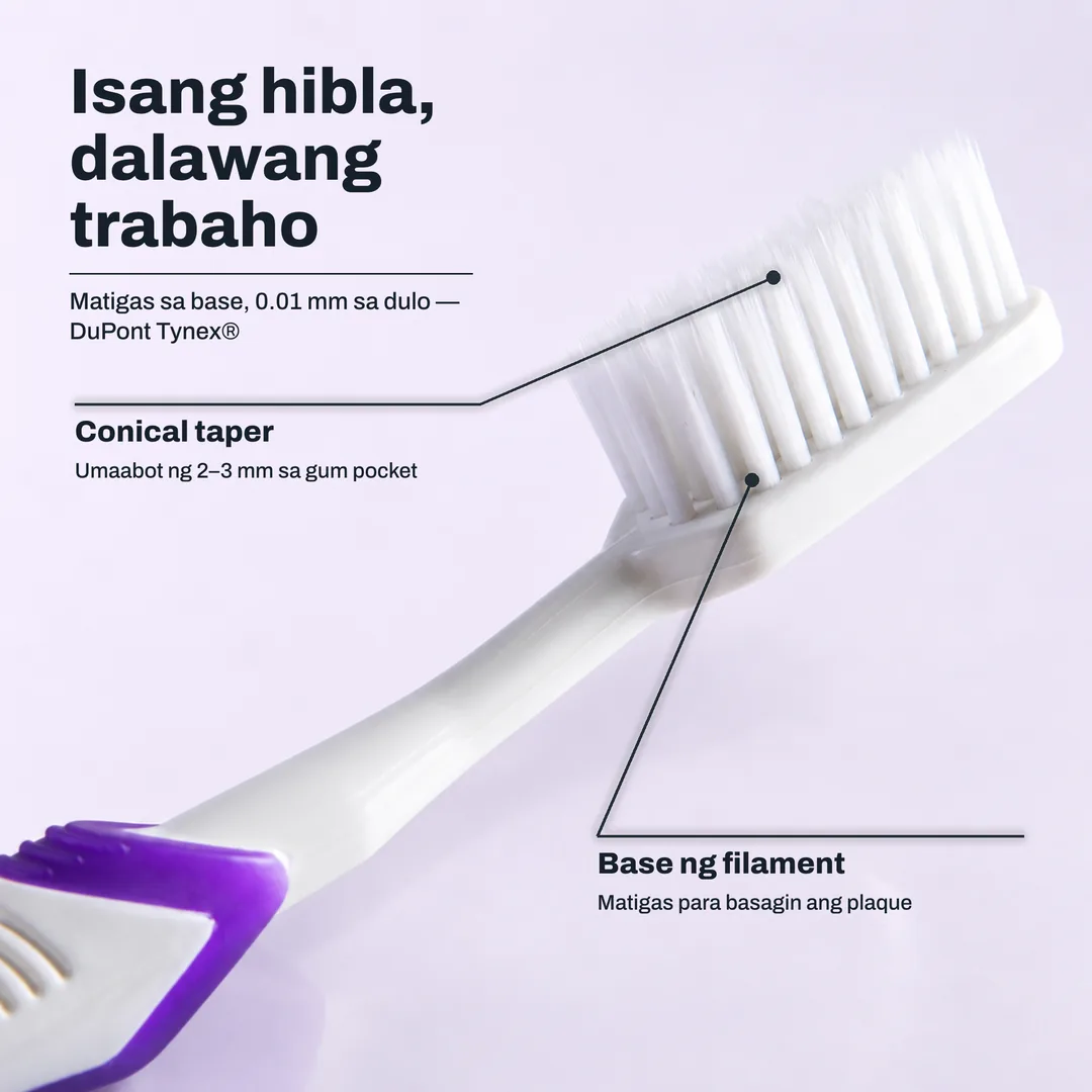 Isang hibla, dalawang trabaho, Matigas sa base, 0.01 mm sa dulo, DuPont Tynex® · Conical taper: Umaabot ng 2 hanggang 3 mm sa gum pocket · Base ng filament: Matigas para basagin ang plaque