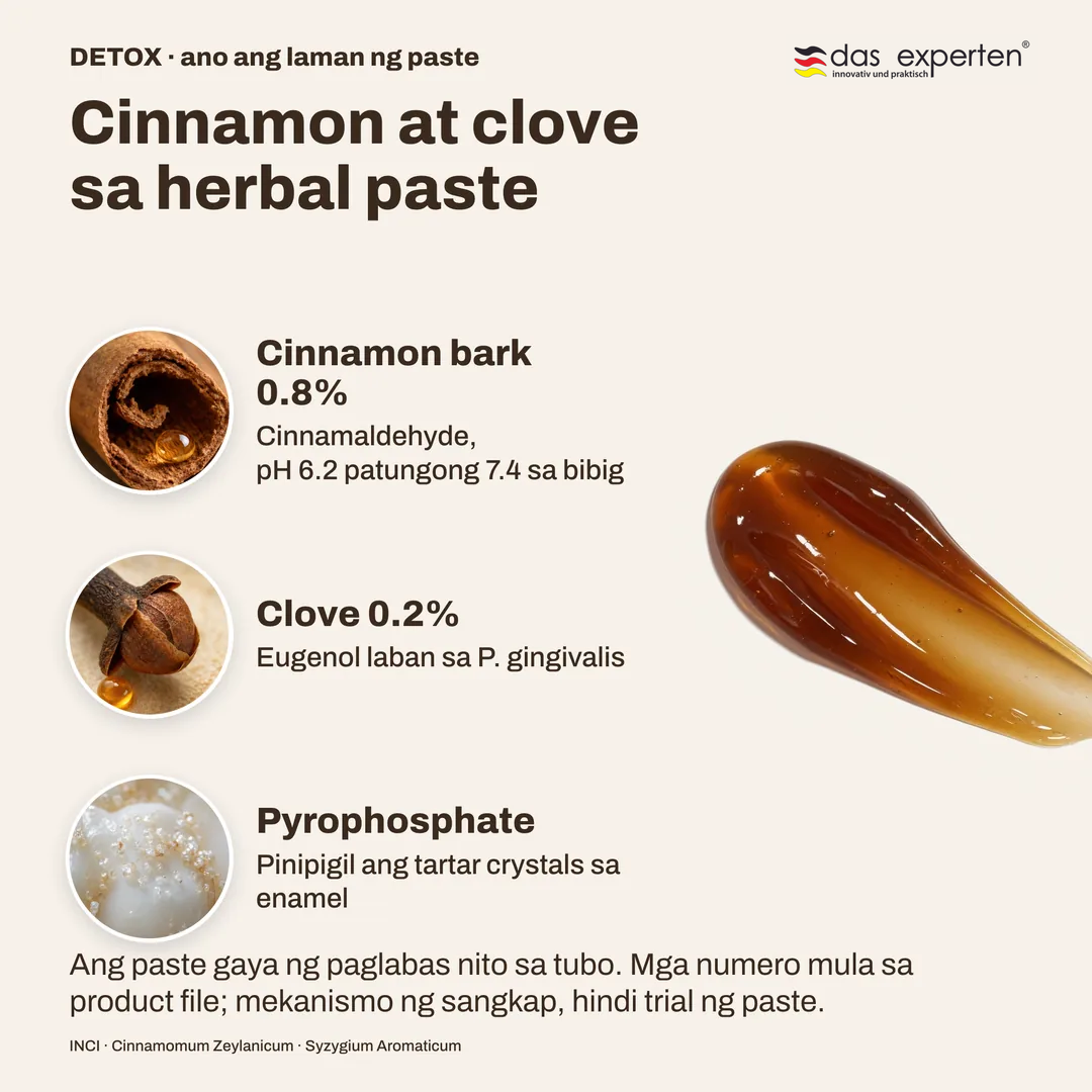Cinnamon at clove sa herbal paste, Cinnamon bark 0.8%; Clove 0.2%; Pyrophosphate