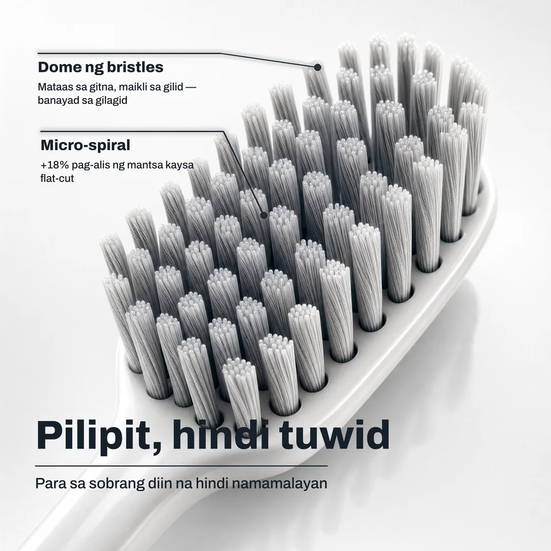Pilipit, hindi tuwid, Para sa sobrang diin na hindi namamalayan · Micro spiral: +18% pag alis ng mantsa kaysa flat cut · Dome ng bristles: Mataas sa gitna, maikli sa gilid, banayad sa gilagid
