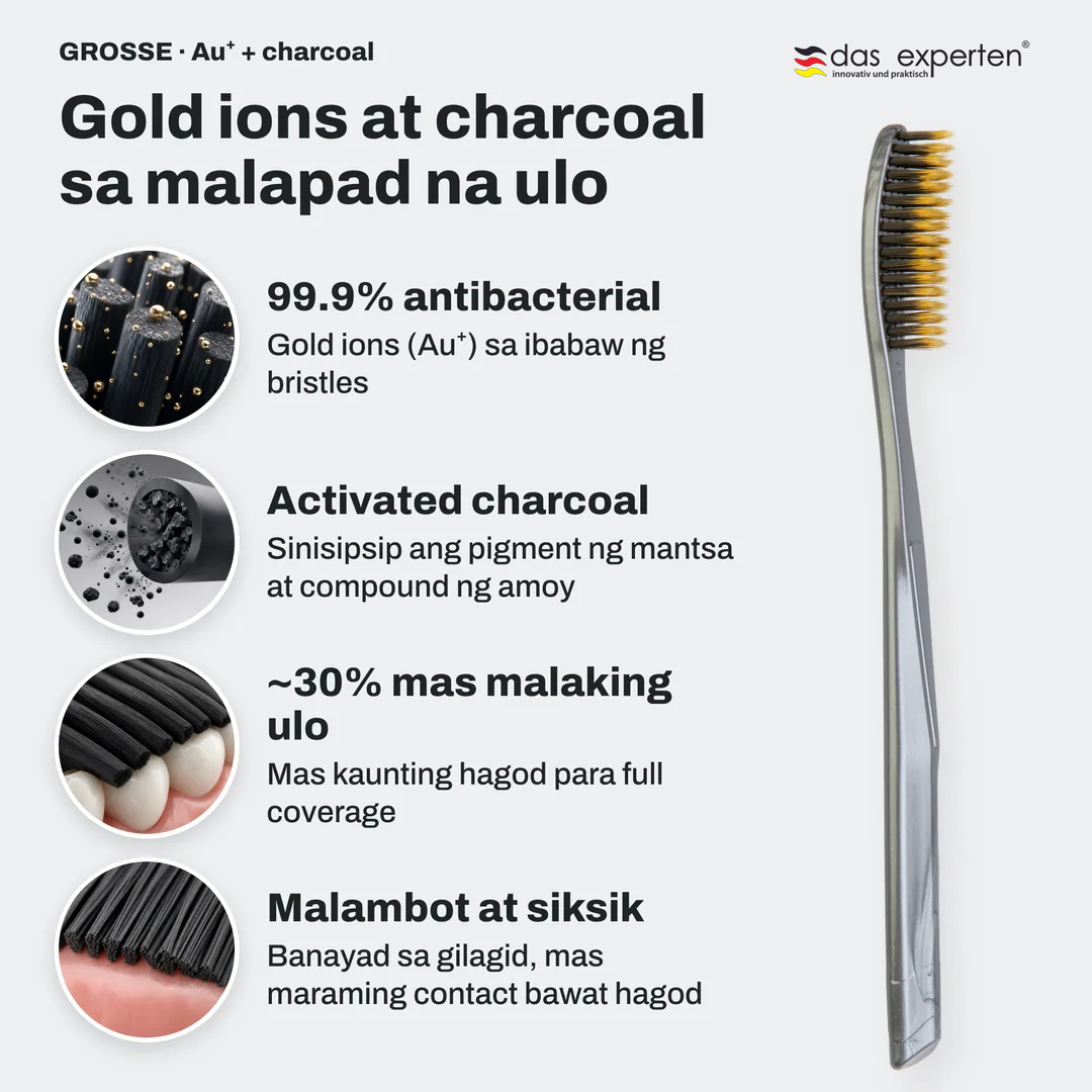Gold ions at charcoal sa malapad na ulo, 99.9% antibacterial; Activated charcoal; ~30% mas malaking ulo; Malambot at siksik