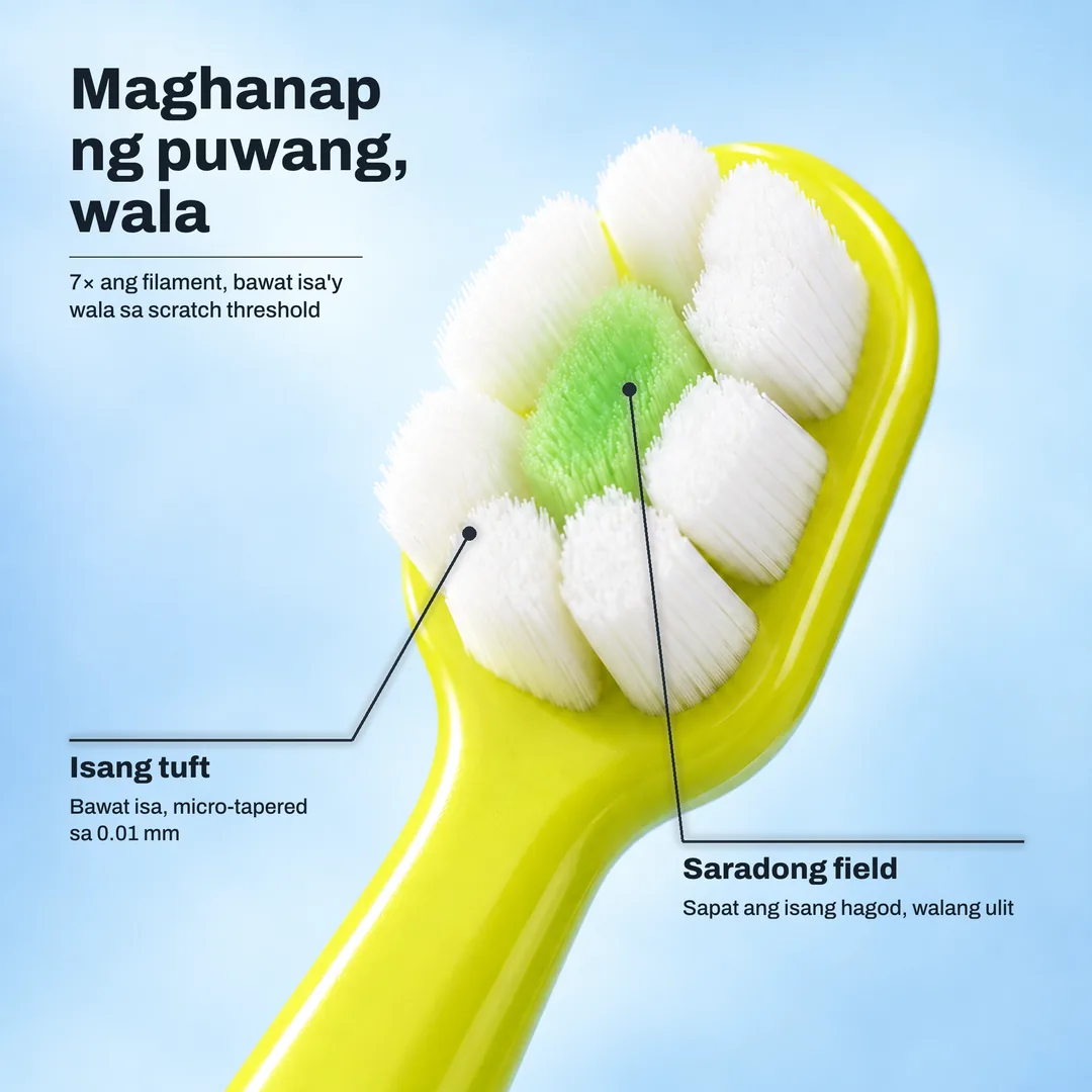 Maghanap ng puwang, wala, 7× ang filament, bawat isa'y wala sa scratch threshold · Isang tuft: Bawat isa, micro tapered sa 0.01 mm · Saradong field: Sapat ang isang hagod, walang ulit
