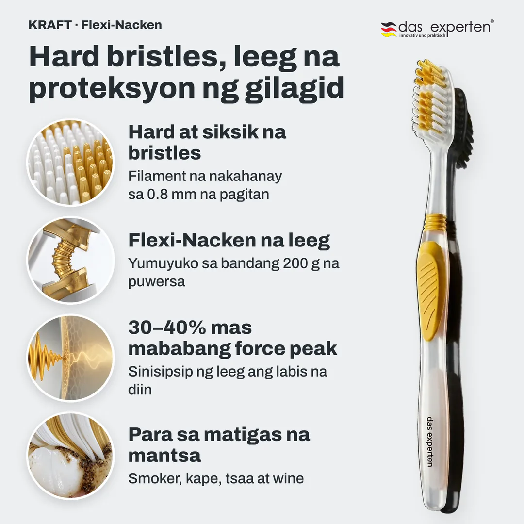 Hard bristles, leeg na proteksyon ng gilagid, Hard at siksik na bristles; Flexi Nacken na leeg; 30 hanggang 40% mas mababang force peak; Para sa matigas na mantsa