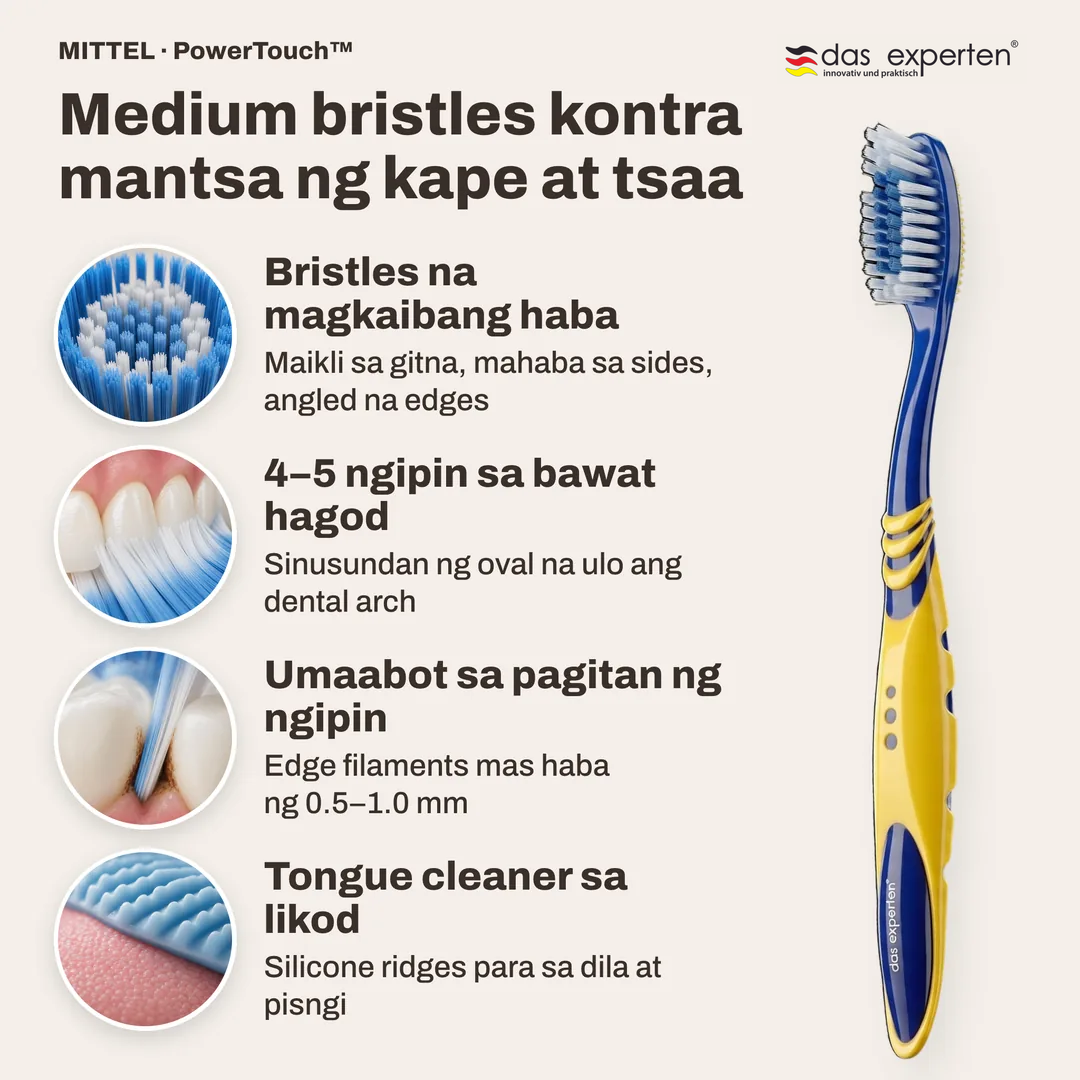 Medium bristles kontra mantsa ng kape at tsaa, Bristles na magkaibang haba; 4 hanggang 5 ngipin sa bawat hagod; Umaabot sa pagitan ng ngipin; Tongue cleaner sa likod