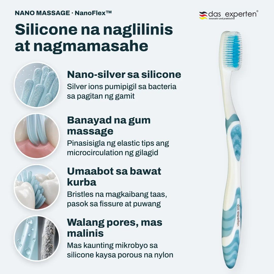 Silicone na naglilinis at nagmamasahe, Nano silver sa silicone; Banayad na gum massage; Umaabot sa bawat kurba; Walang pores, mas malinis