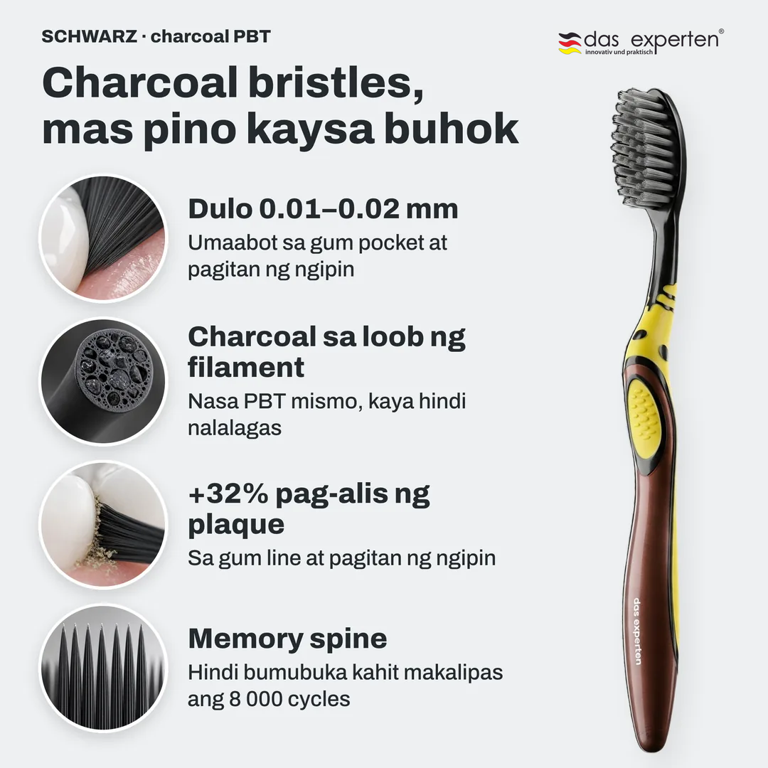 Charcoal bristles, mas pino kaysa buhok, Dulo 0.01 hanggang 0.02 mm; Charcoal sa loob ng filament; +32% pag alis ng plaque; Memory spine