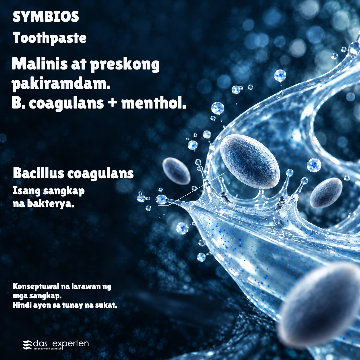 SYMBIOS · Malinis at preskong pakiramdam. · B. coagulans + menthol. · Konseptuwal na larawan ng mga sangkap. · Hindi ayon sa tunay na sukat.