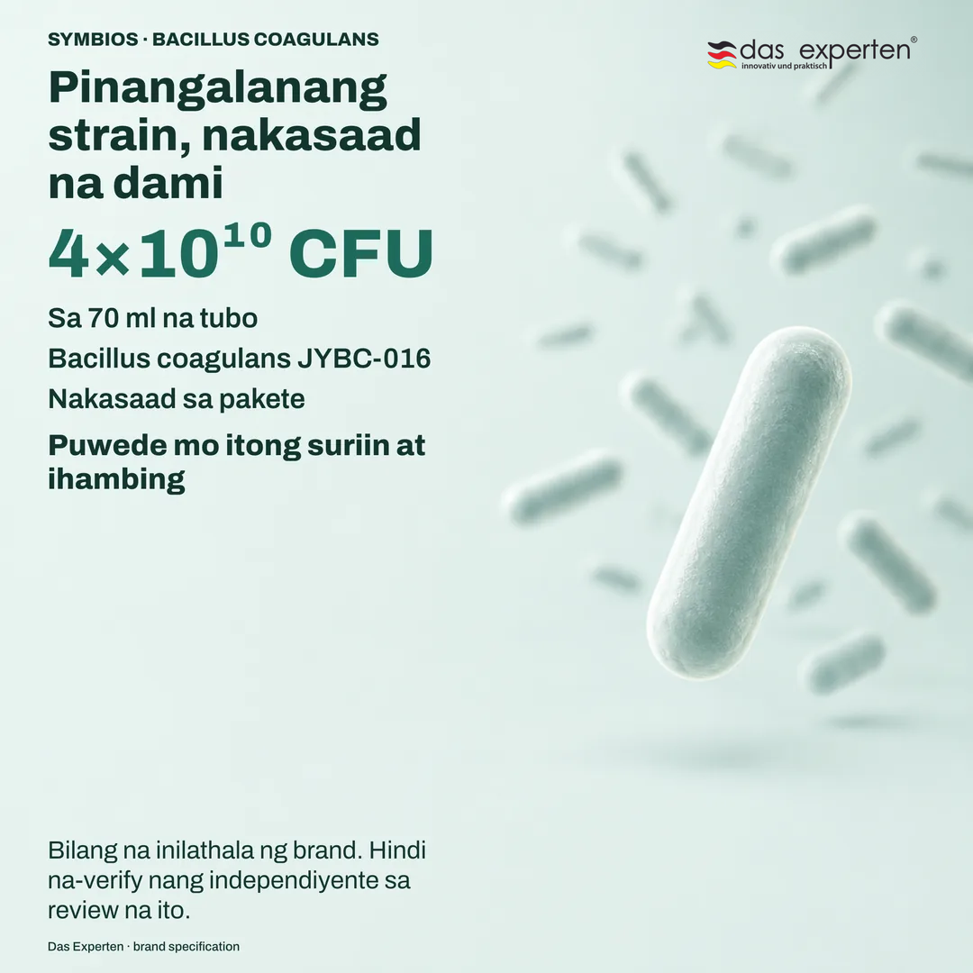 Ilustrasyon ng specification plate na may 4×10¹⁰ CFU sa 70 ml na tubo at strain na Bacillus coagulans JYBC 016 ayon sa brand