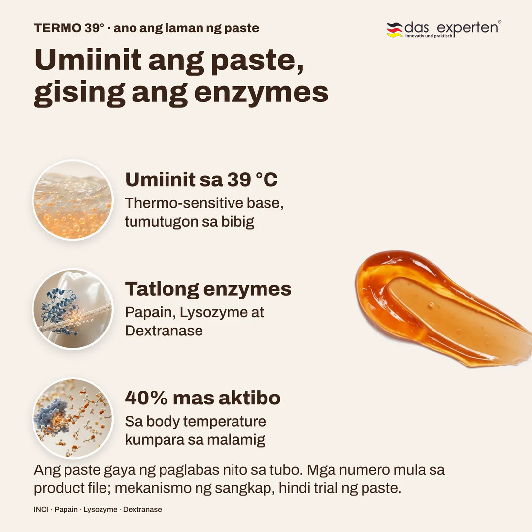 Umiinit ang paste, gising ang enzymes, Umiinit sa 39 °C; Tatlong enzymes; 40% mas aktibo