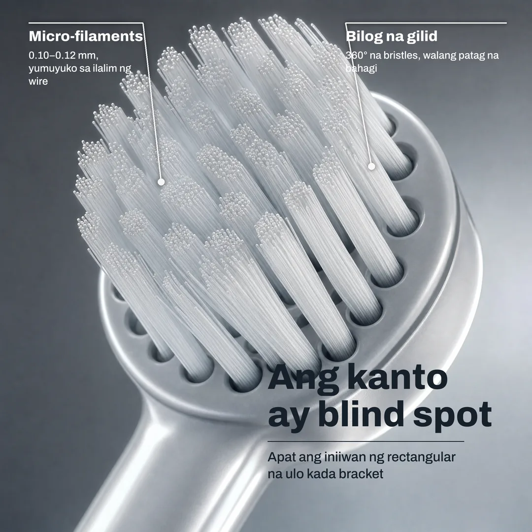 Ang kanto ay blind spot, Apat ang iniiwan ng rectangular na ulo kada bracket · Bilog na gilid: 360° na bristles, walang patag na bahagi · Micro filaments: 0.10 hanggang 0.12 mm, yumuyuko sa ilalim ng wire