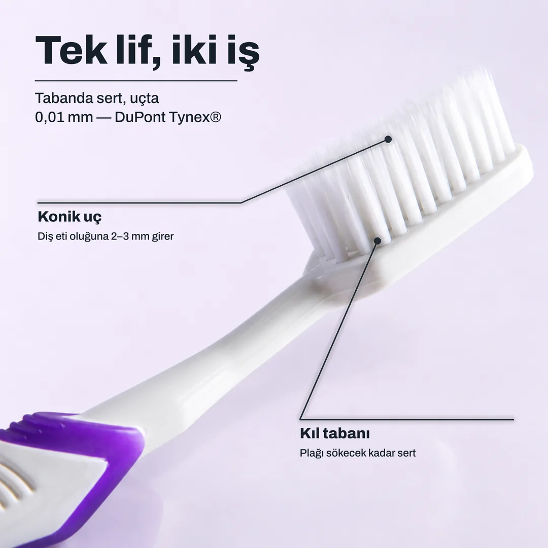 Tek lif, iki iş, Tabanda sert, uçta 0,01 mm, DuPont Tynex® · Konik uç: Diş eti oluğuna 2 ile 3 mm girer · Kıl tabanı: Plağı sökecek kadar sert