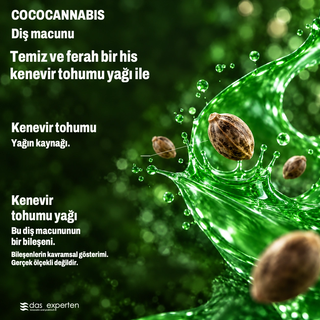 COCOCANNABIS · Temiz ve ferah bir his · kenevir tohumu yağı ile · Bileşenlerin kavramsal gösterimi. · Gerçek ölçekli değildir.