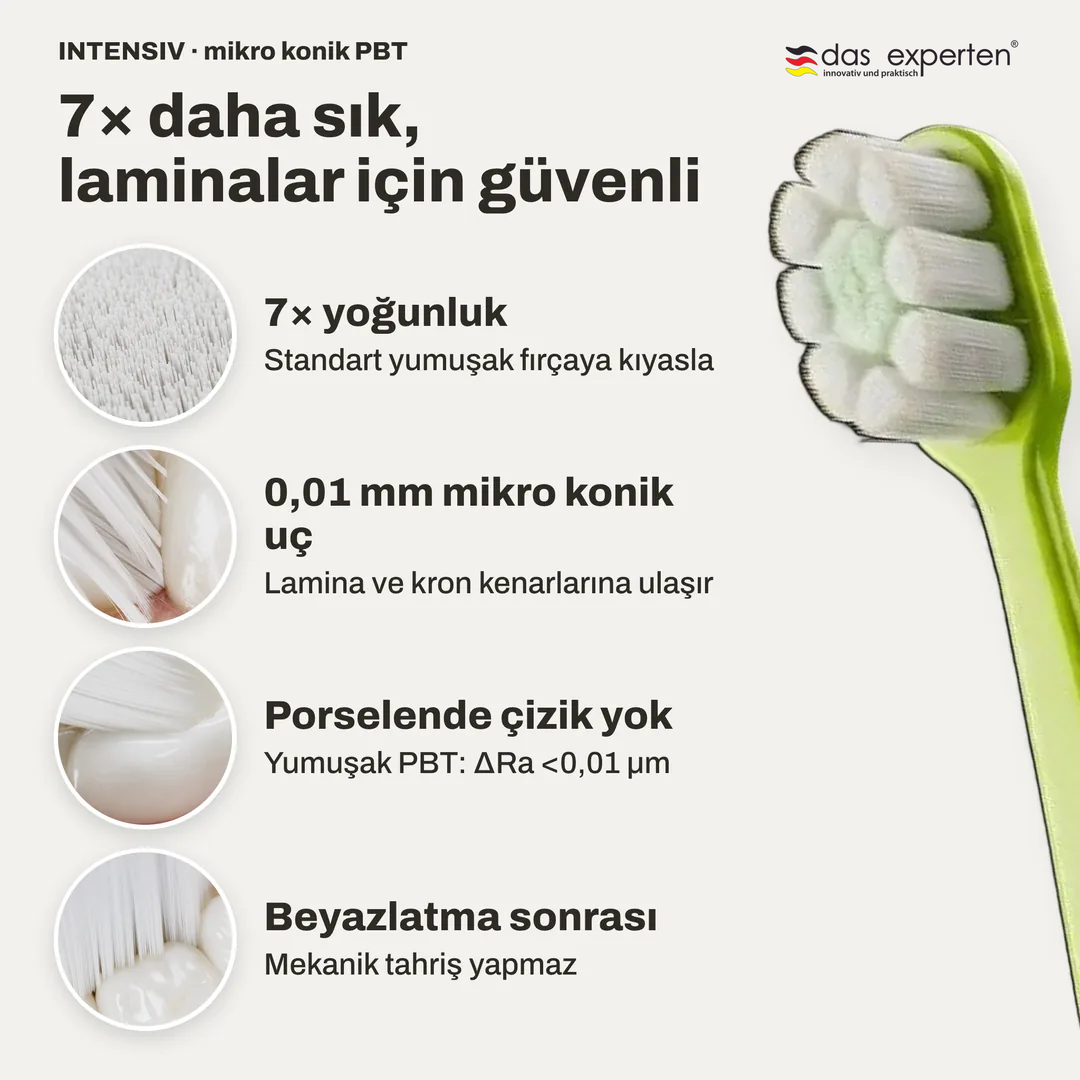 7× daha sık, laminalar için güvenli, 7× yoğunluk; 0,01 mm mikro konik uç; Porselende çizik yok; Beyazlatma sonrası