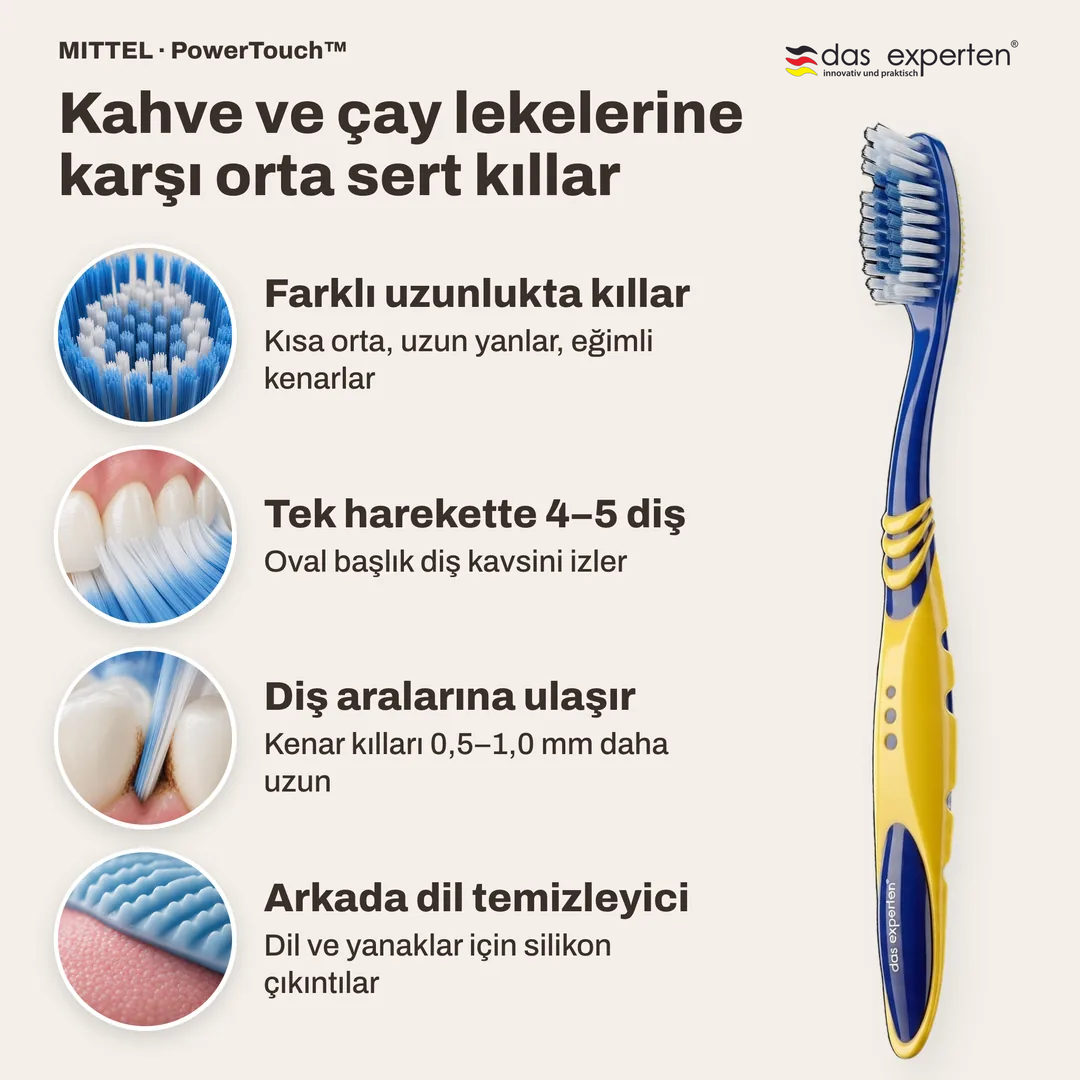 Kahve ve çay lekelerine karşı orta sert kıllar, Farklı uzunlukta kıllar; Tek harekette 4 ile 5 diş; Diş aralarına ulaşır; Arkada dil temizleyici