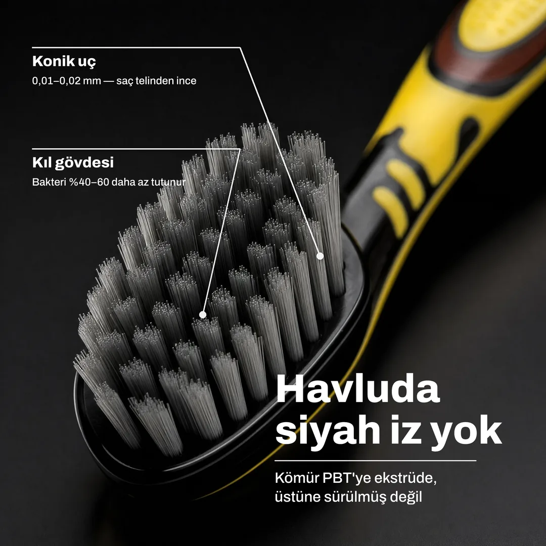 Havluda siyah iz yok, Kömür PBT'ye ekstrüde, üstüne sürülmüş değil · Kıl gövdesi: Bakteri %40 ile 60 daha az tutunur · Konik uç: 0,01 ile 0,02 mm, saç telinden ince