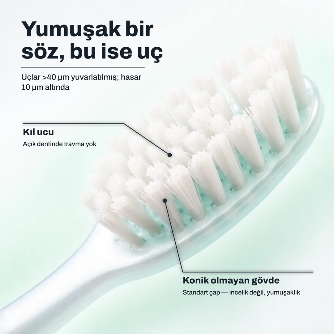 Yumuşak bir söz, bu ise uç, Uçlar >40 μm yuvarlatılmış; hasar 10 μm altında · Kıl ucu: Açık dentinde travma yok · Konik olmayan gövde: Standart çap, incelik değil, yumuşaklık