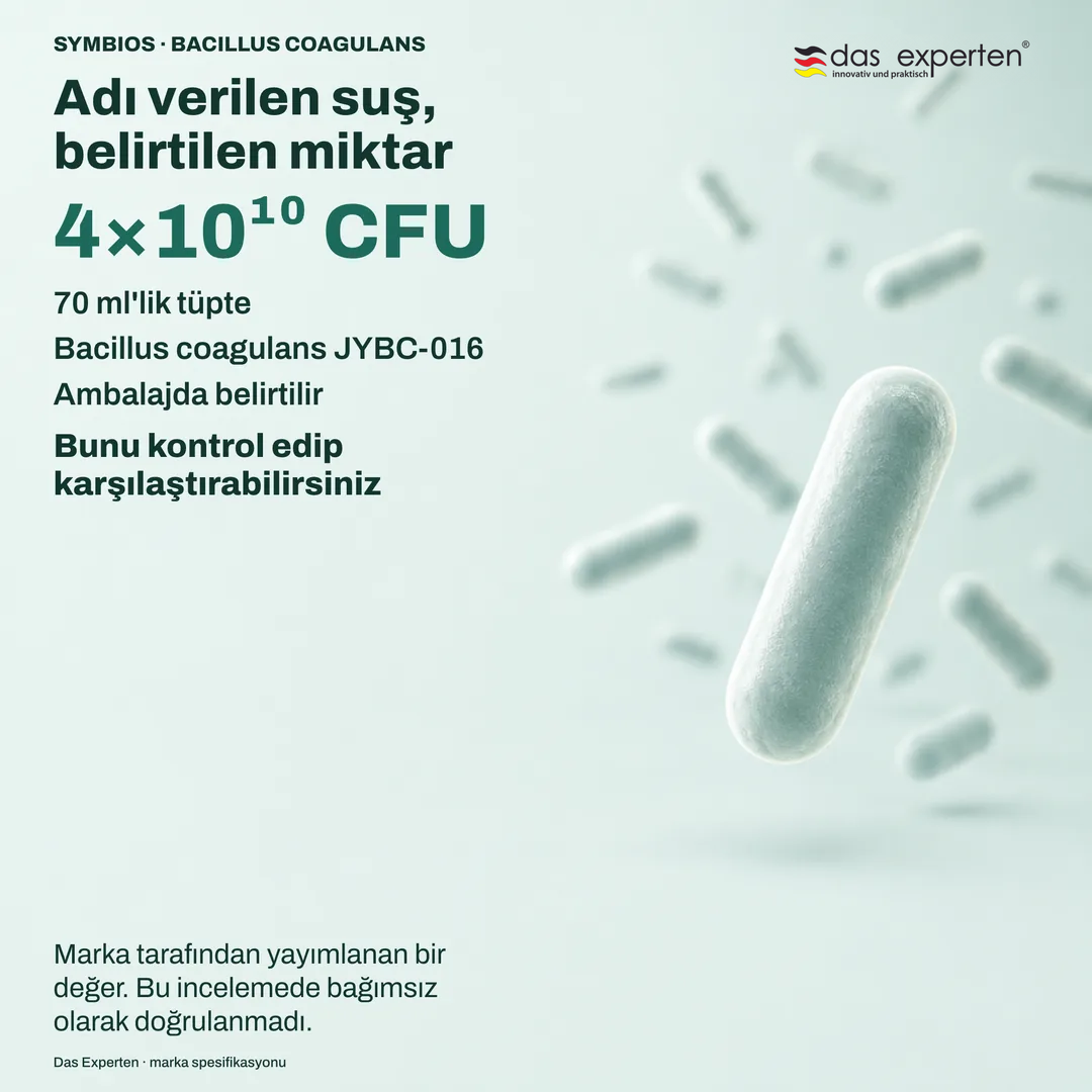 70 ml'lik tüpte 4×10¹⁰ CFU ve Bacillus coagulans JYBC 016 suşunu gösteren temsili spesifikasyon levhası, marka beyanına göre