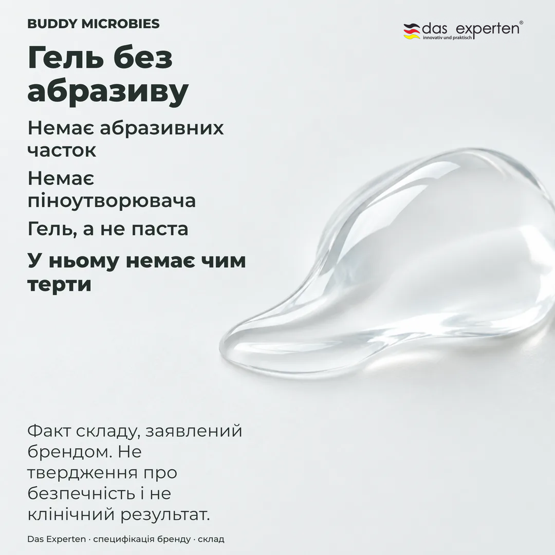 Ілюстрація прозорого гелю на маленькій голівці щітки без піни: гель без абразиву за даними бренду