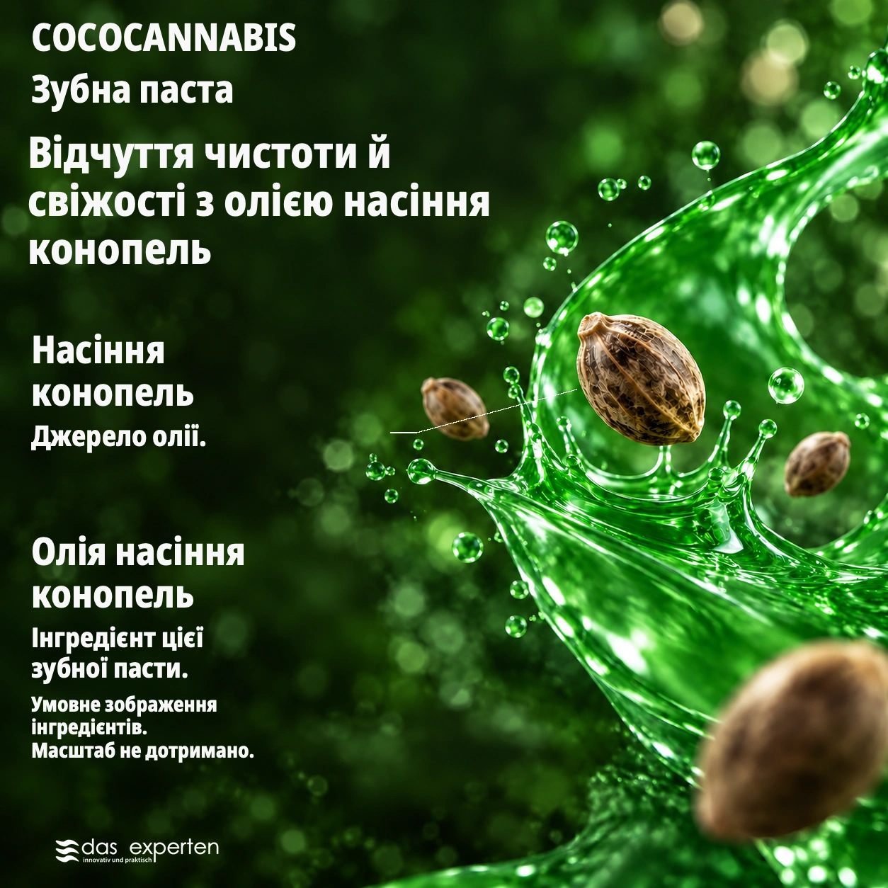COCOCANNABIS · Відчуття чистоти й свіжості · з олією насіння конопель · Умовне зображення інгредієнтів. · Масштаб не дотримано.
