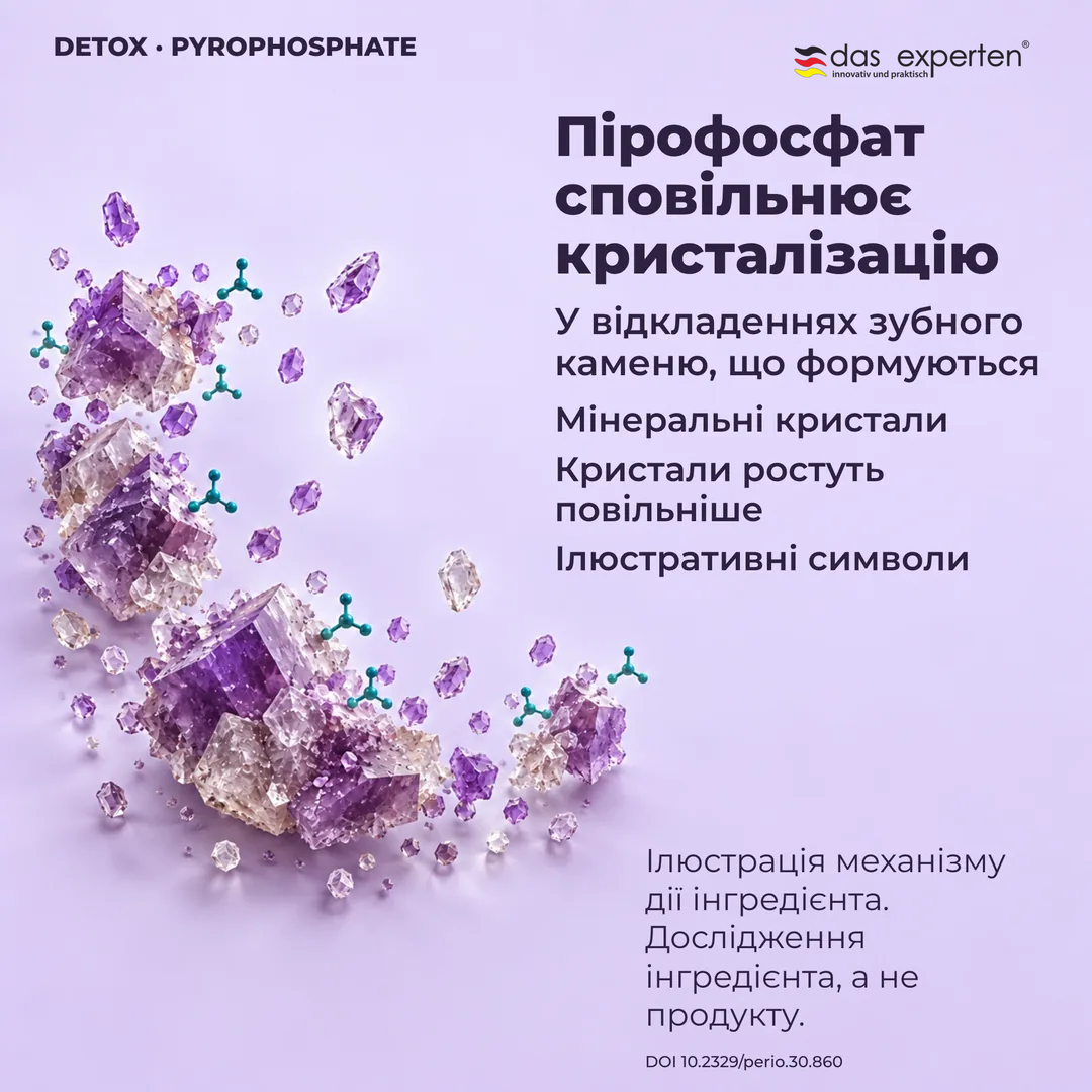Ілюстрація мінеральних кристалів у зубному камені, що формується: пірофосфат сповільнює їхній ріст