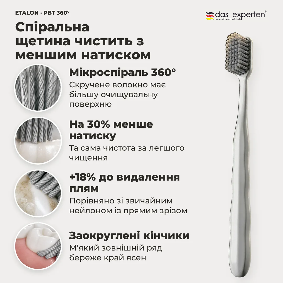 Спіральна щетина чистить з меншим натиском, Мікроспіраль 360°; На 30% менше натиску; +18% до видалення плям; Заокруглені кінчики
