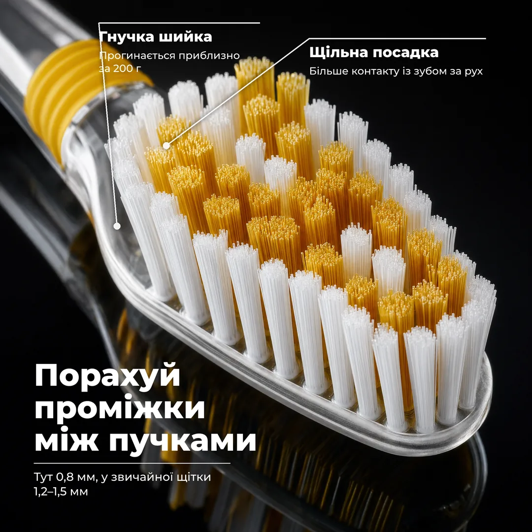 Порахуй проміжки між пучками, Тут 0,8 мм, у звичайної щітки 1,2 до 1,5 мм · Щільна посадка: Більше контакту із зубом за рух · Гнучка шийка: Прогинається приблизно за 200 г