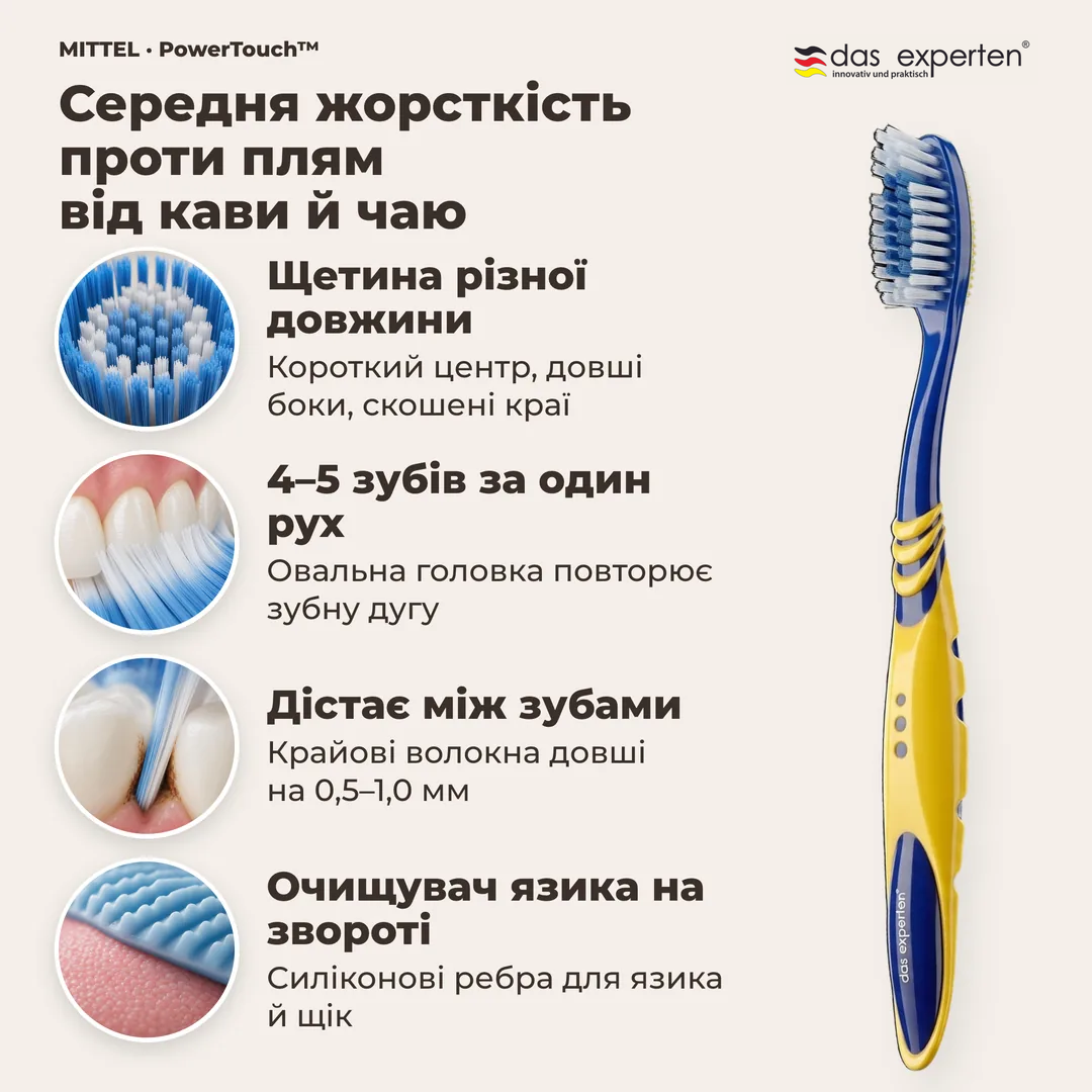 Середня жорсткість проти плям від кави й чаю, Щетина різної довжини; 4 до 5 зубів за один рух; Дістає між зубами; Очищувач язика на звороті