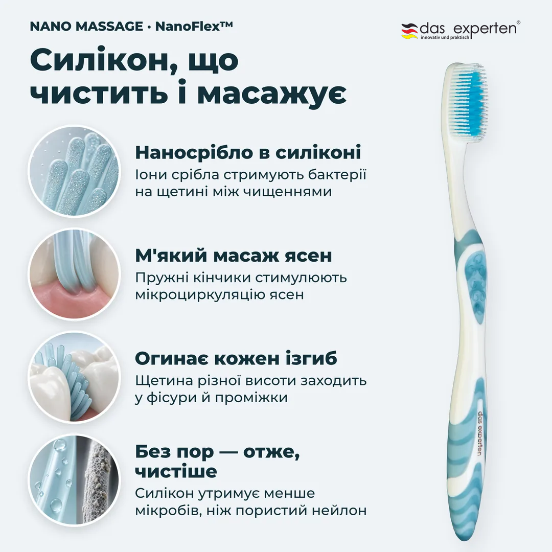 Силікон, що чистить і масажує, Наносрібло в силіконі; М'який масаж ясен; Огинає кожен ізгиб; Без пор, отже, чистіше