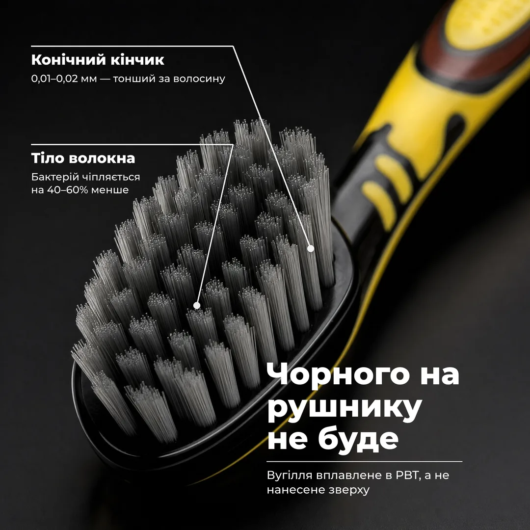 Чорного на рушнику не буде, Вугілля вплавлене в PBT, а не нанесене зверху · Тіло волокна: Бактерій чіпляється на 40 до 60% менше · Конічний кінчик: 0,01 до 0,02 мм, тонший за волосину