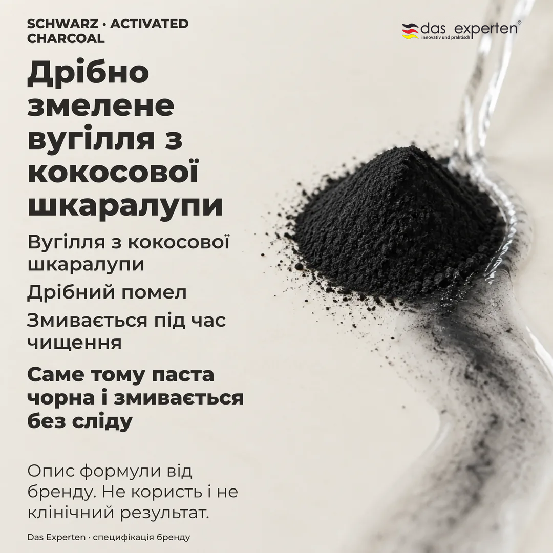 Ілюстрація: дрібно змелений кокосовий вугільний порошок змивається водою, опис формули від бренду
