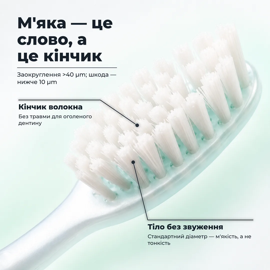 М'яка, це слово, а це кінчик, Заокруглення >40 μm; шкода, нижче 10 μm · Кінчик волокна: Без травми для оголеного дентину · Тіло без звуження: Стандартний діаметр, м'якість, а не тонкість
