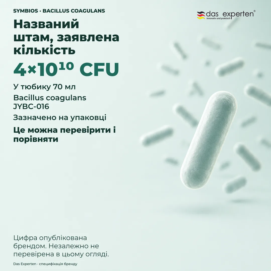 Ілюстрація таблички специфікації з 4×10¹⁰ CFU у тюбику 70 мл і штамом Bacillus coagulans JYBC 016 за даними бренду