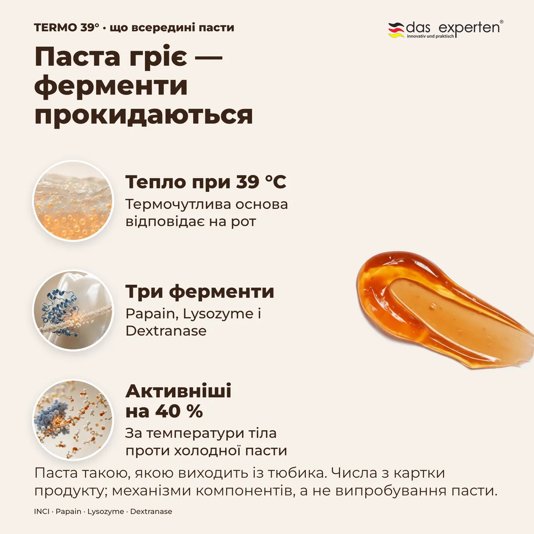 Паста гріє, ферменти прокидаються, Тепло при 39 °C; Три ферменти; Активніші на 40 %