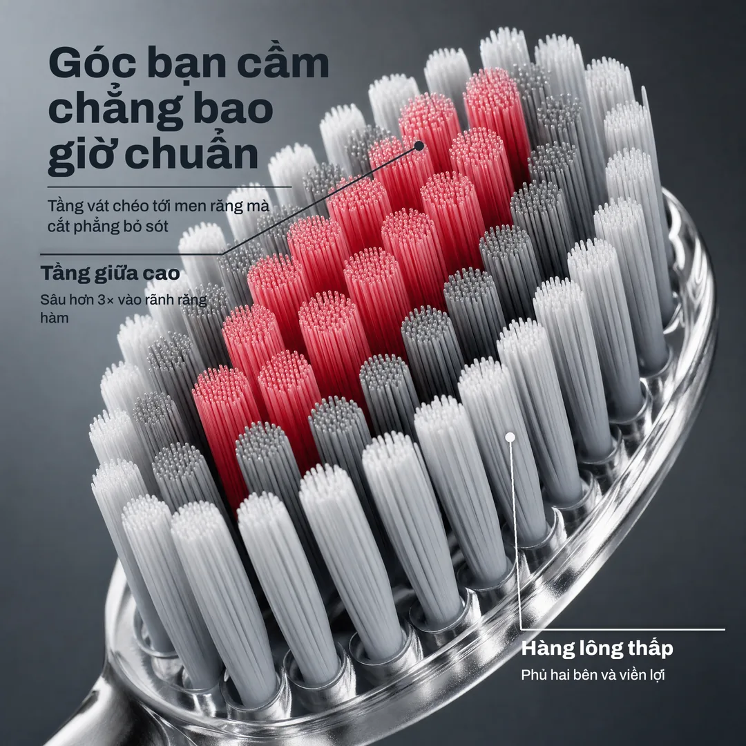 Góc bạn cầm chẳng bao giờ chuẩn, Tầng vát chéo tới men răng mà cắt phẳng bỏ sót · Tầng giữa cao: Sâu hơn 3× vào rãnh răng hàm · Hàng lông thấp: Phủ hai bên và viền lợi