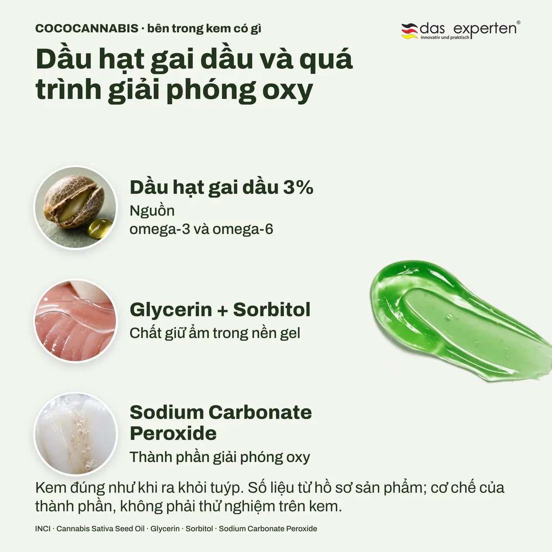 COCOCANNABIS · bên trong kem có gì, Dầu hạt gai dầu và quá trình giải phóng oxy; Dầu hạt gai dầu 3%; Glycerin + Sorbitol; Sodium Carbonate Peroxide