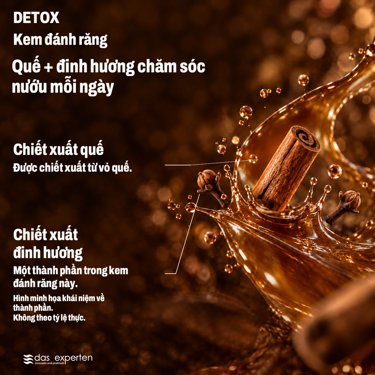 DETOX · Quế + đinh hương · chăm sóc nướu mỗi ngày · Hình minh họa khái niệm về thành phần. · Không theo tỷ lệ thực.